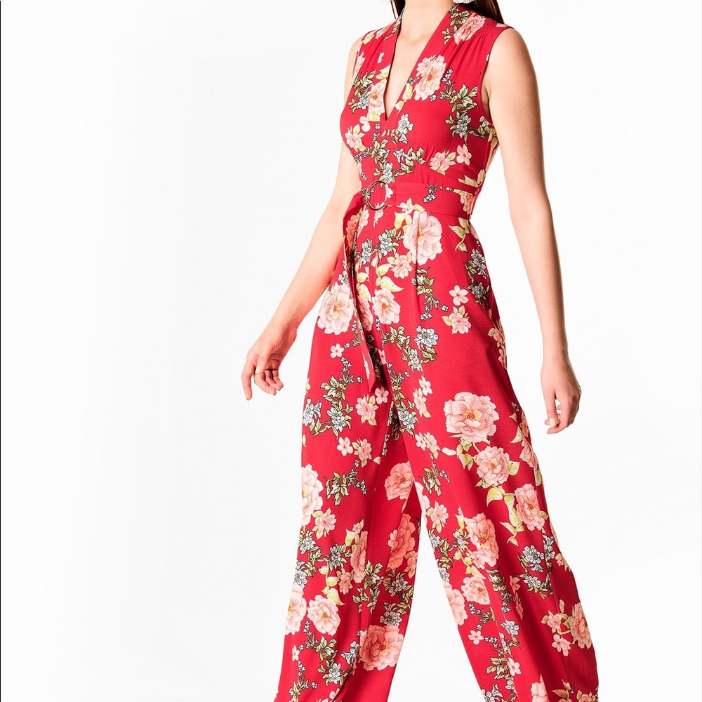 Floral Print Crepe Empire Belted Jumpsuit